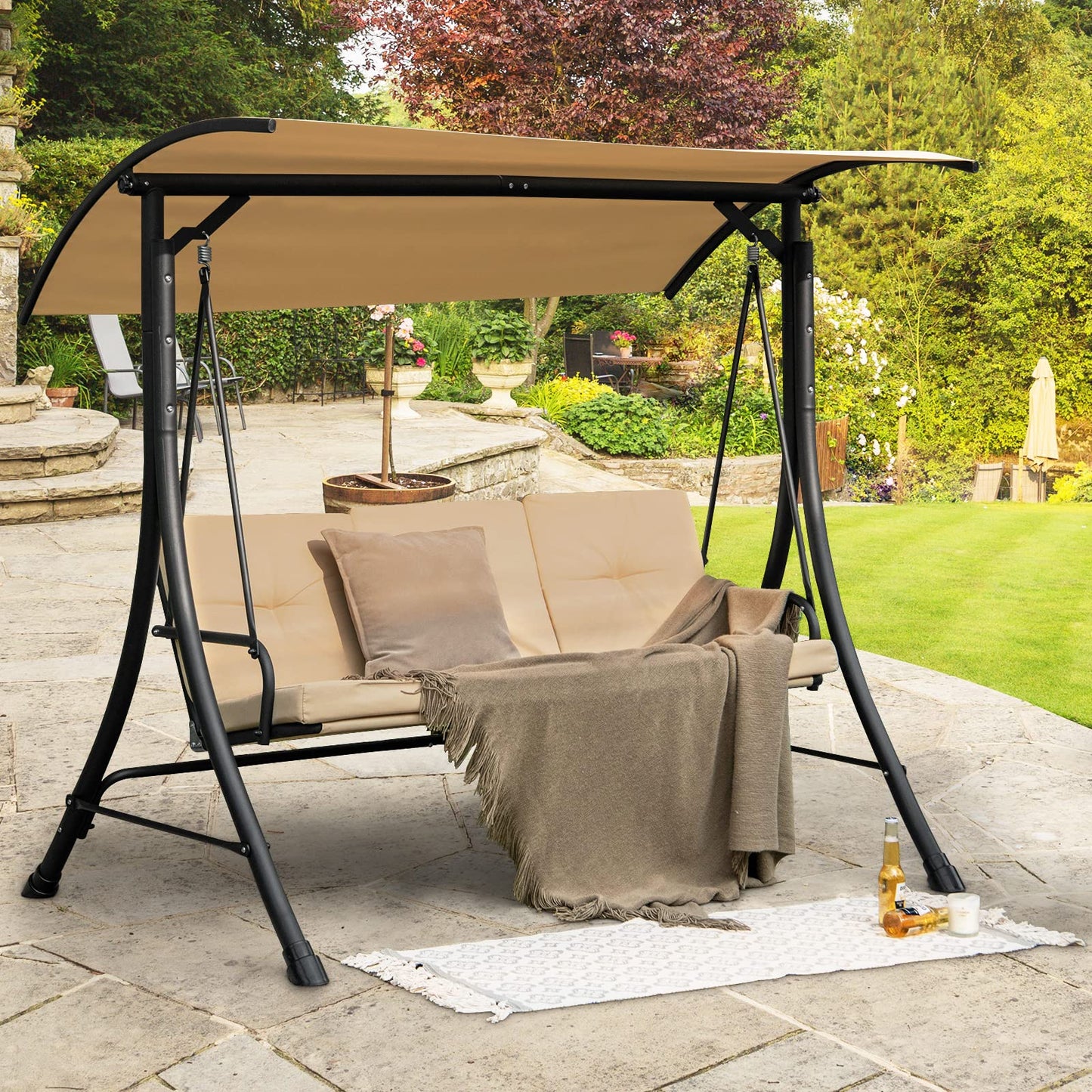 3 Seater Garden Hammock Bench Chair with Adjustable Canopy and Soft Cushions