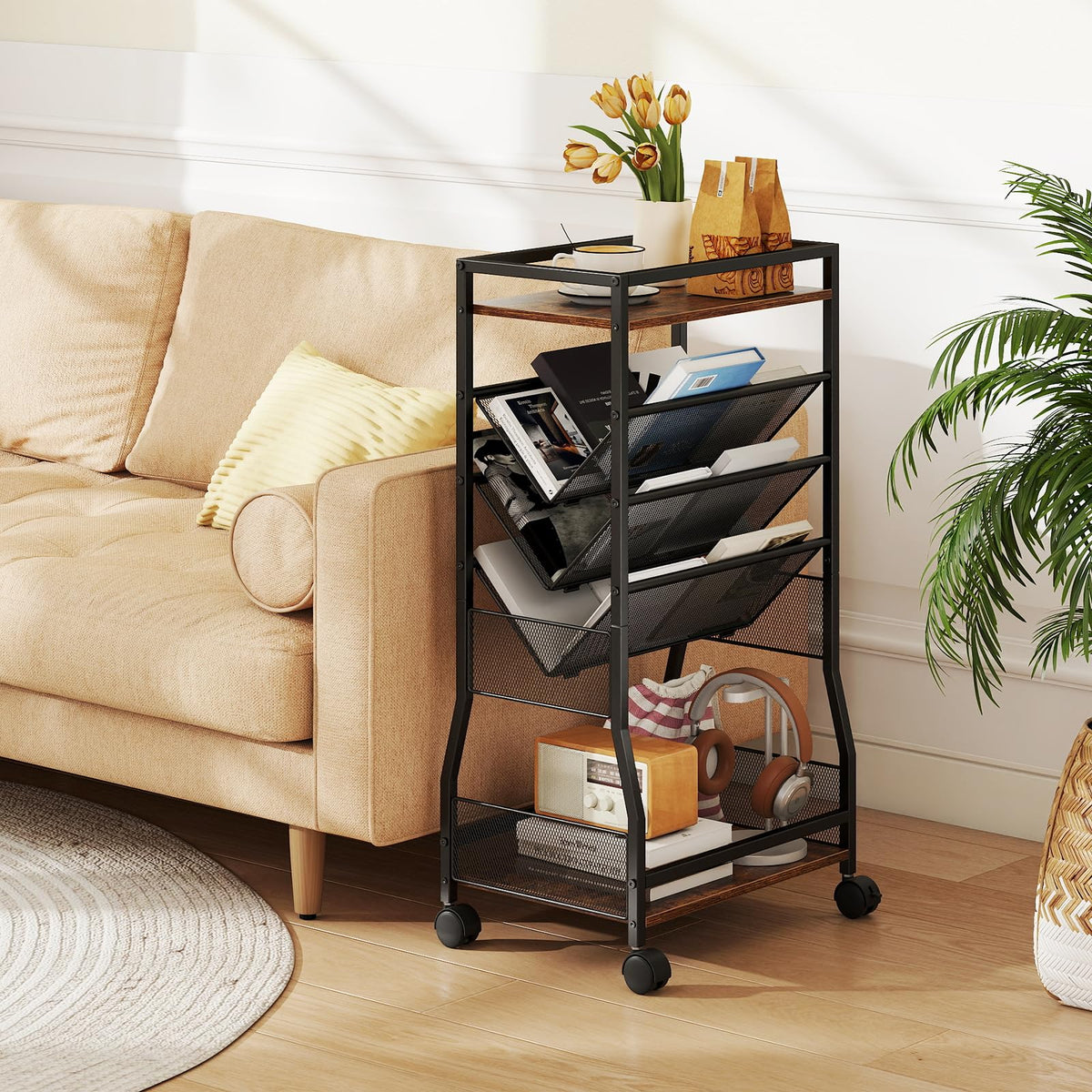 Rolling File Utility Cart with 3 Slanted Side Shelves and Lockable Wheels