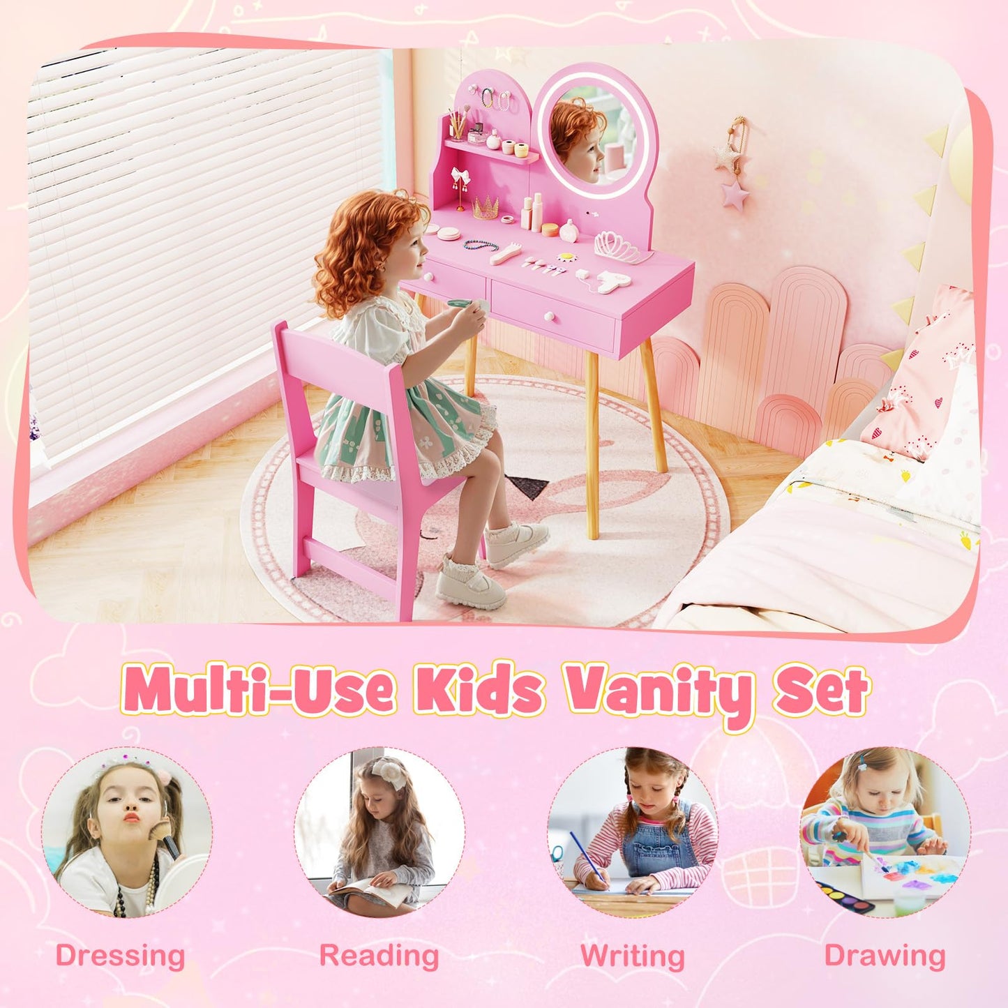 Wooden Kids Vanity Set with Lighted Mirror, Hooks and Storage Drawers