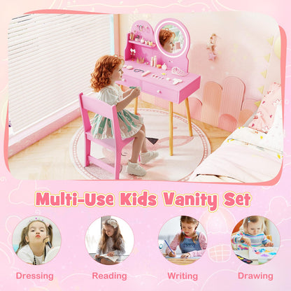 Wooden Kids Vanity Set with Lighted Mirror, Hooks and Storage Drawers