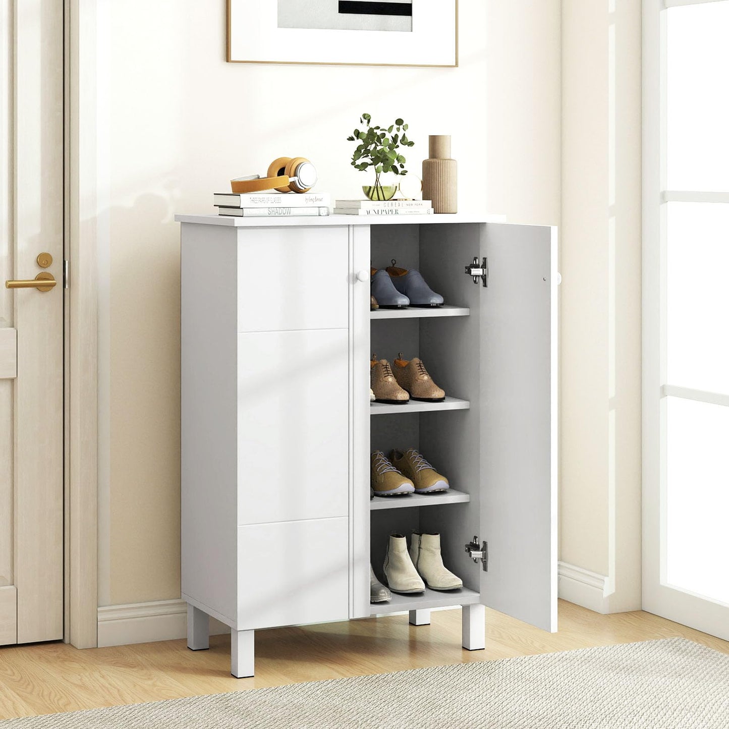 Wooden Shoe Cabinet, 4-Tier Freestanding Shoe Cupboard with 2 Doors and Removable Shelves