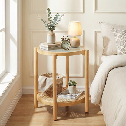 2-Tier Boho End Table with Tempered Glass Top for Living Room