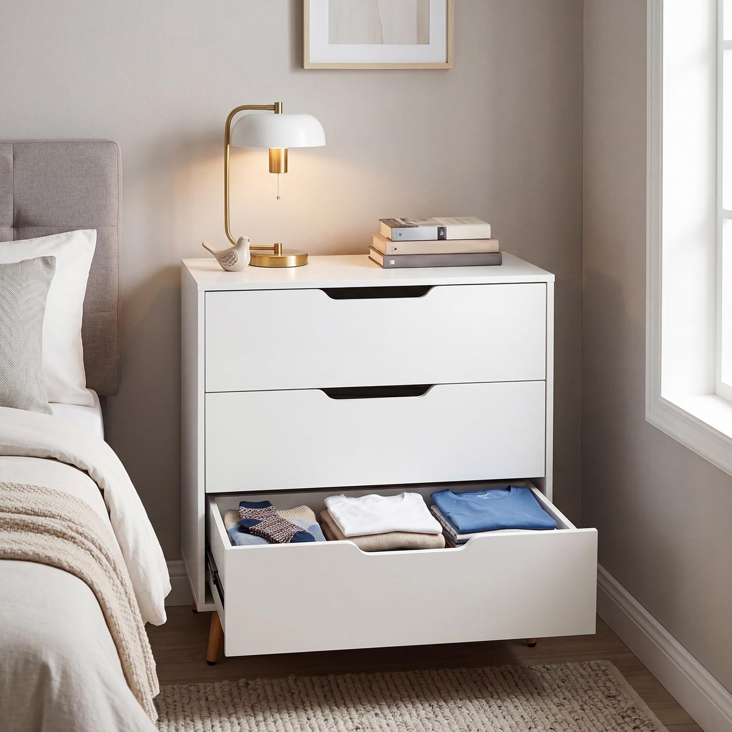 Wooden Nightstand with Anti Tipping Kits and Tall Storage for Living Room