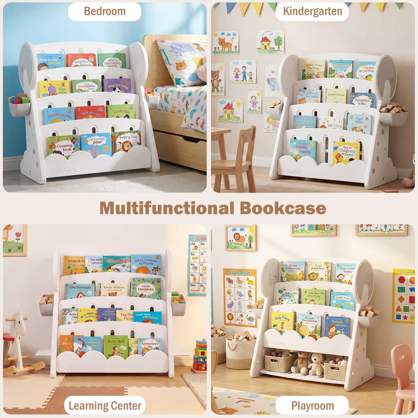 4-Tier Kids Bookshelf with Side Storage Boxes and Reversible Bottom Shelf