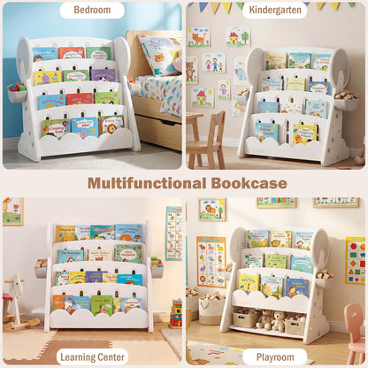 4-Tier Kids Bookshelf with Side Storage Boxes and Reversible Bottom Shelf