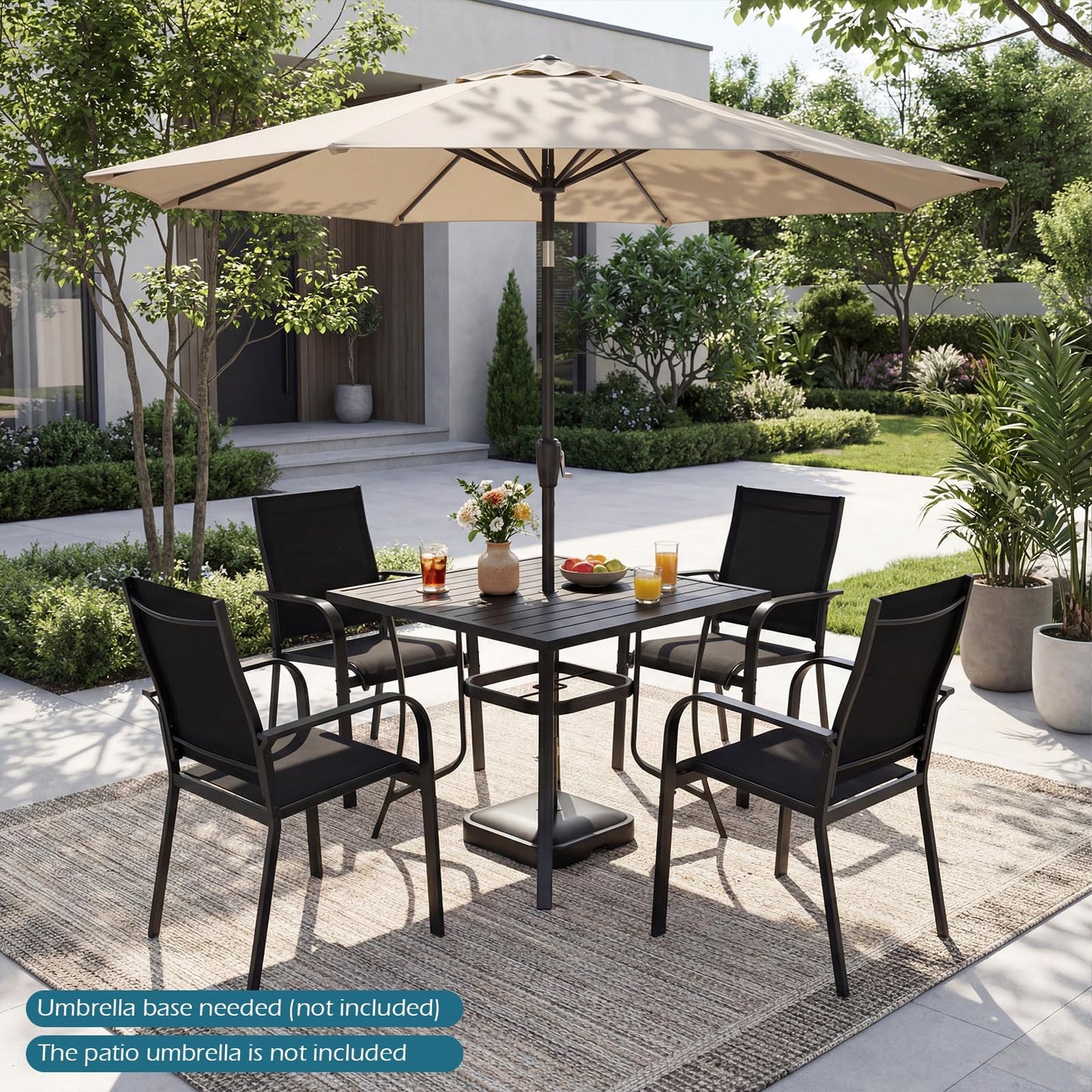 91CM Square Patio Table for 4 Outdoor Metal Dining Table with Umbrella Hole