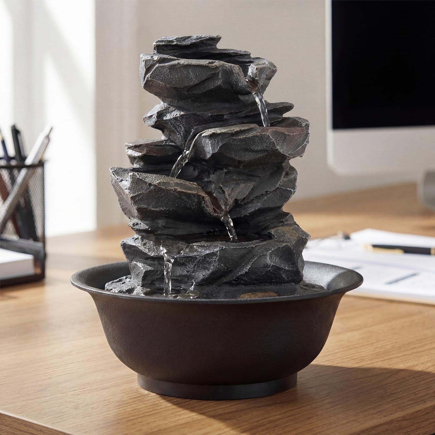 Indoor Water Fountain, Tabletop Indoor Water Feature with LED Light