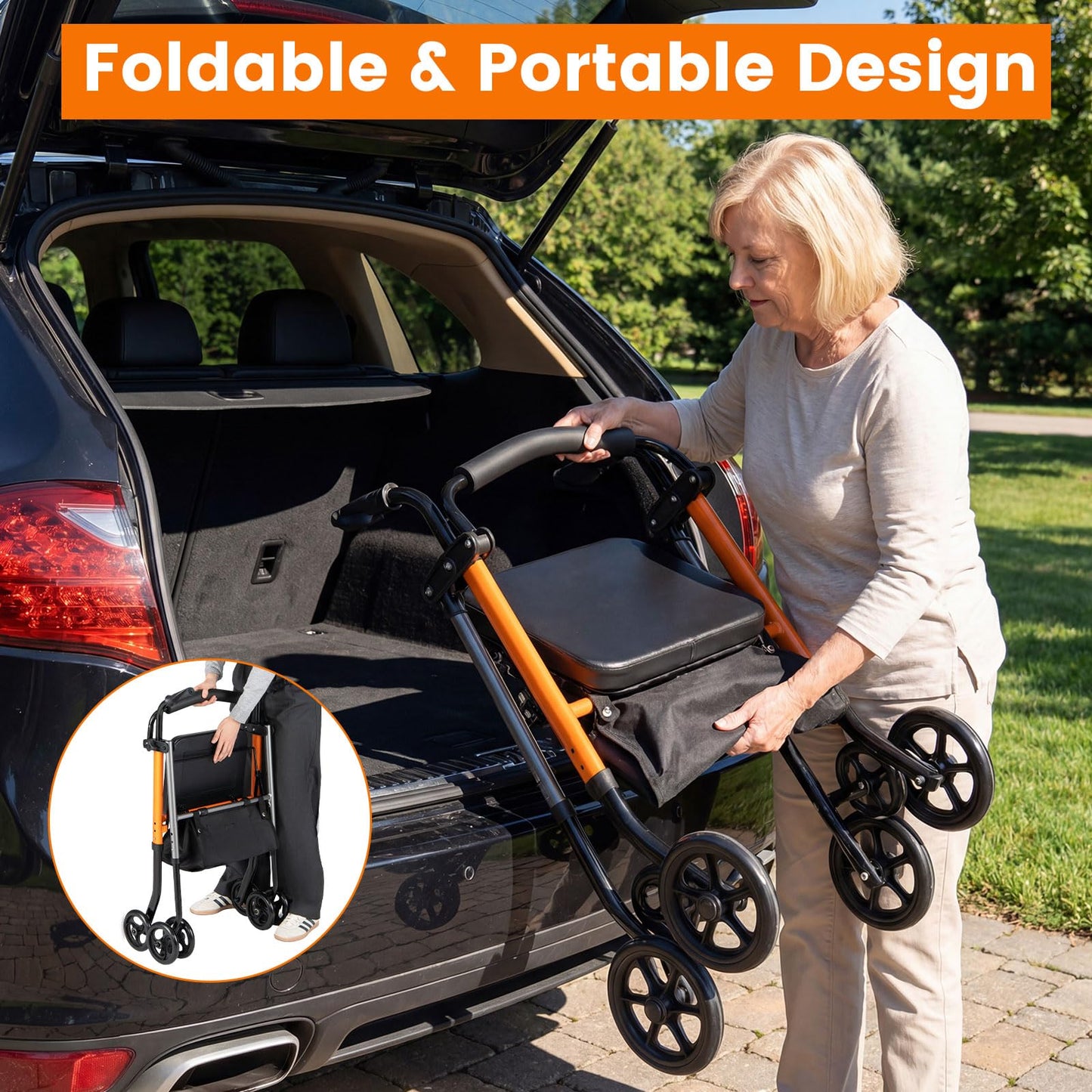 Adjustable Height Folding Lightweight Rollator Walker with Backrest
