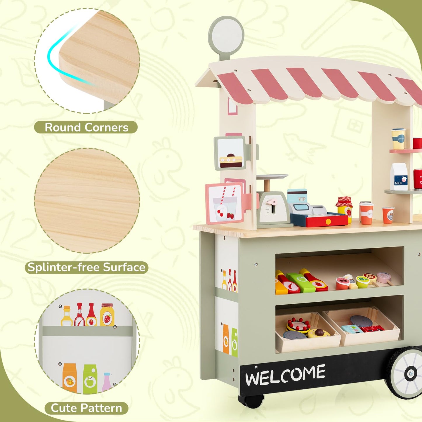 Kids Snacks and Sweets Food Cart Toy Cart Play Set with POS Machine