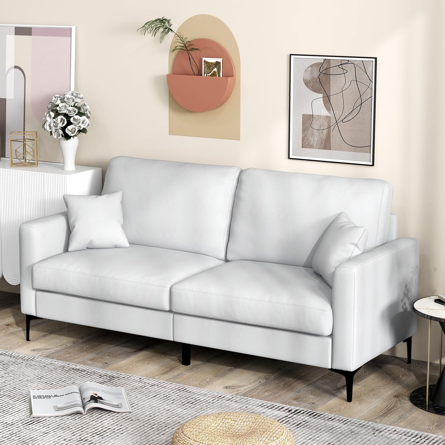 3 Seater Modern Upholstered Corner Sofa Couch with 2 Pillows and 6 Metal Legs