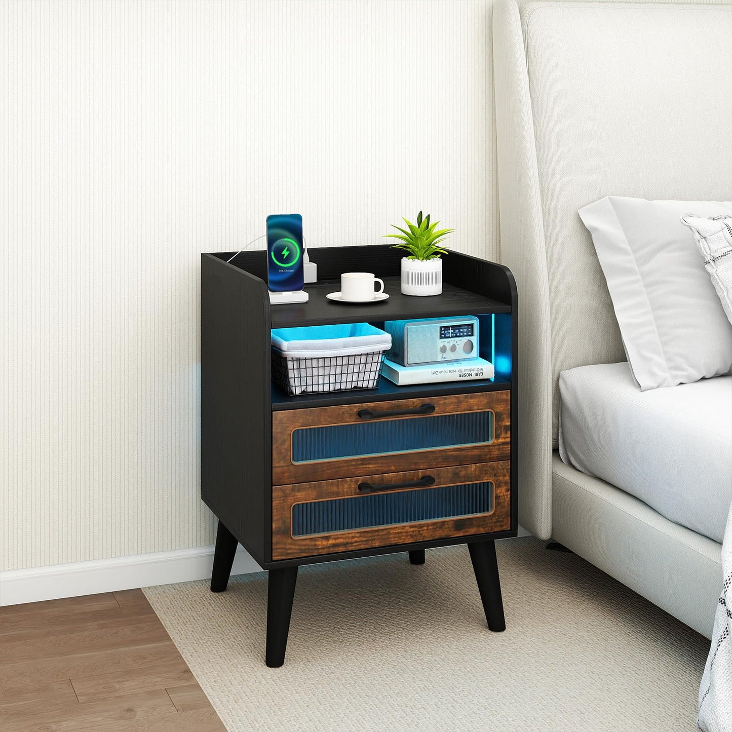 Mid Century Nightstand Modern Bedside Table with Charging Station