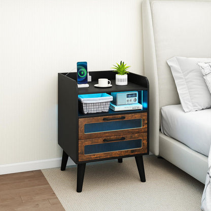 Mid Century Nightstand Modern Bedside Table with Charging Station