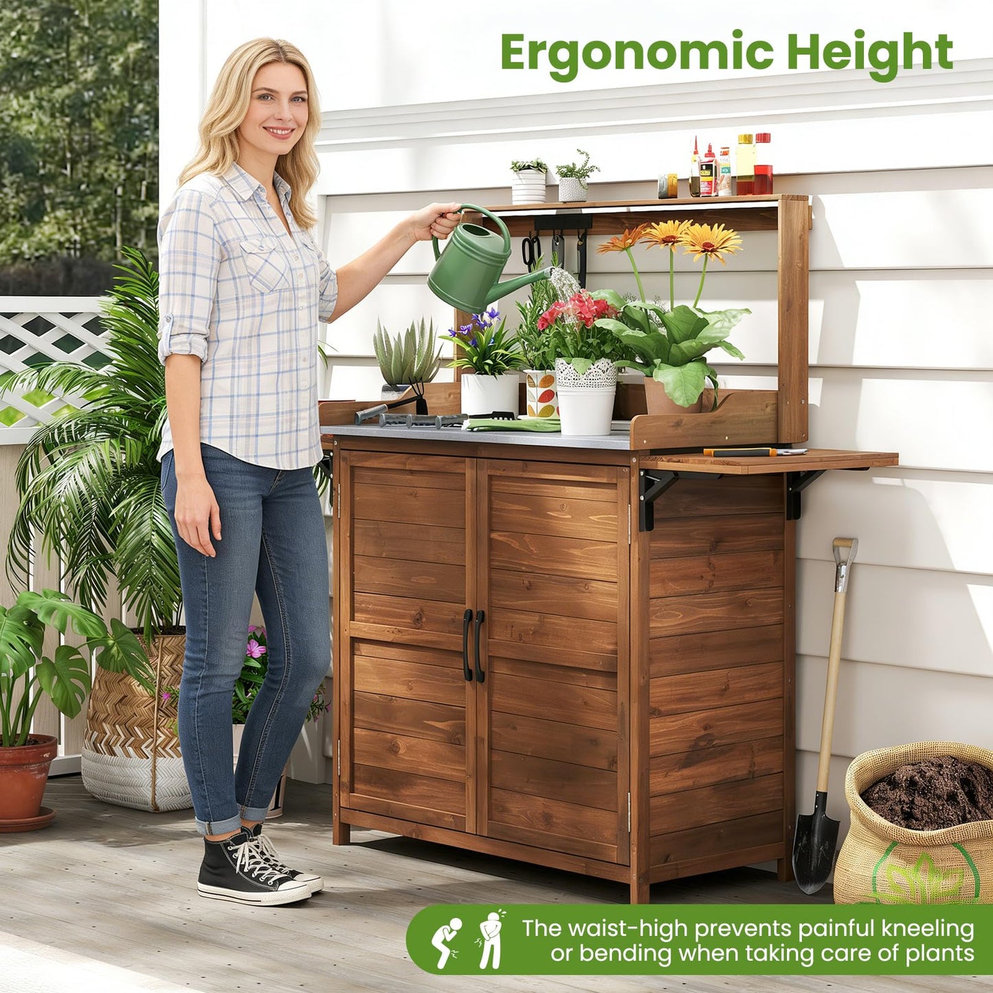 Garden Potting Table, Wooden Potting Bench with Metal-Plated Tabletop