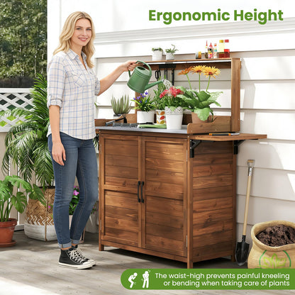 Garden Potting Table, Wooden Potting Bench with Metal-Plated Tabletop
