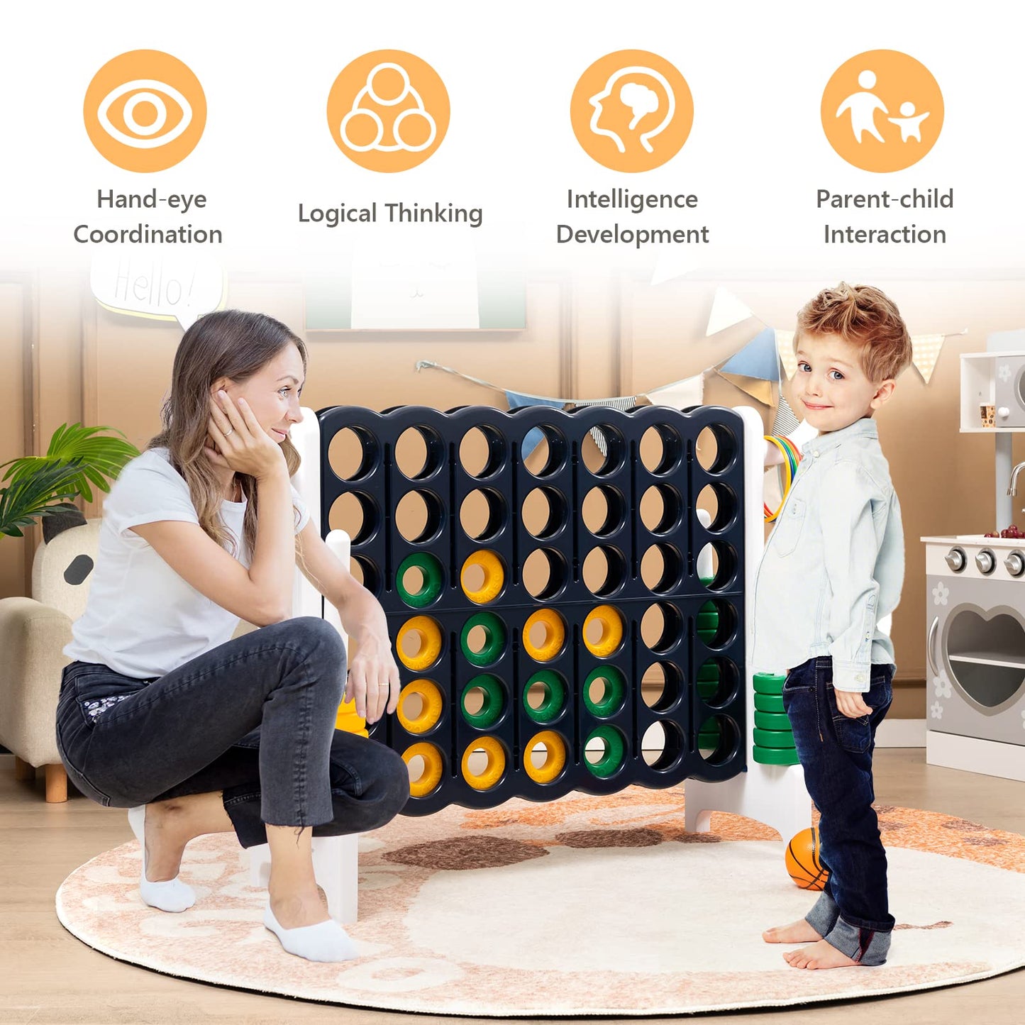 3 in 1 Giant Connect 4 Game Set with Basketball Hoop and Ring Toss