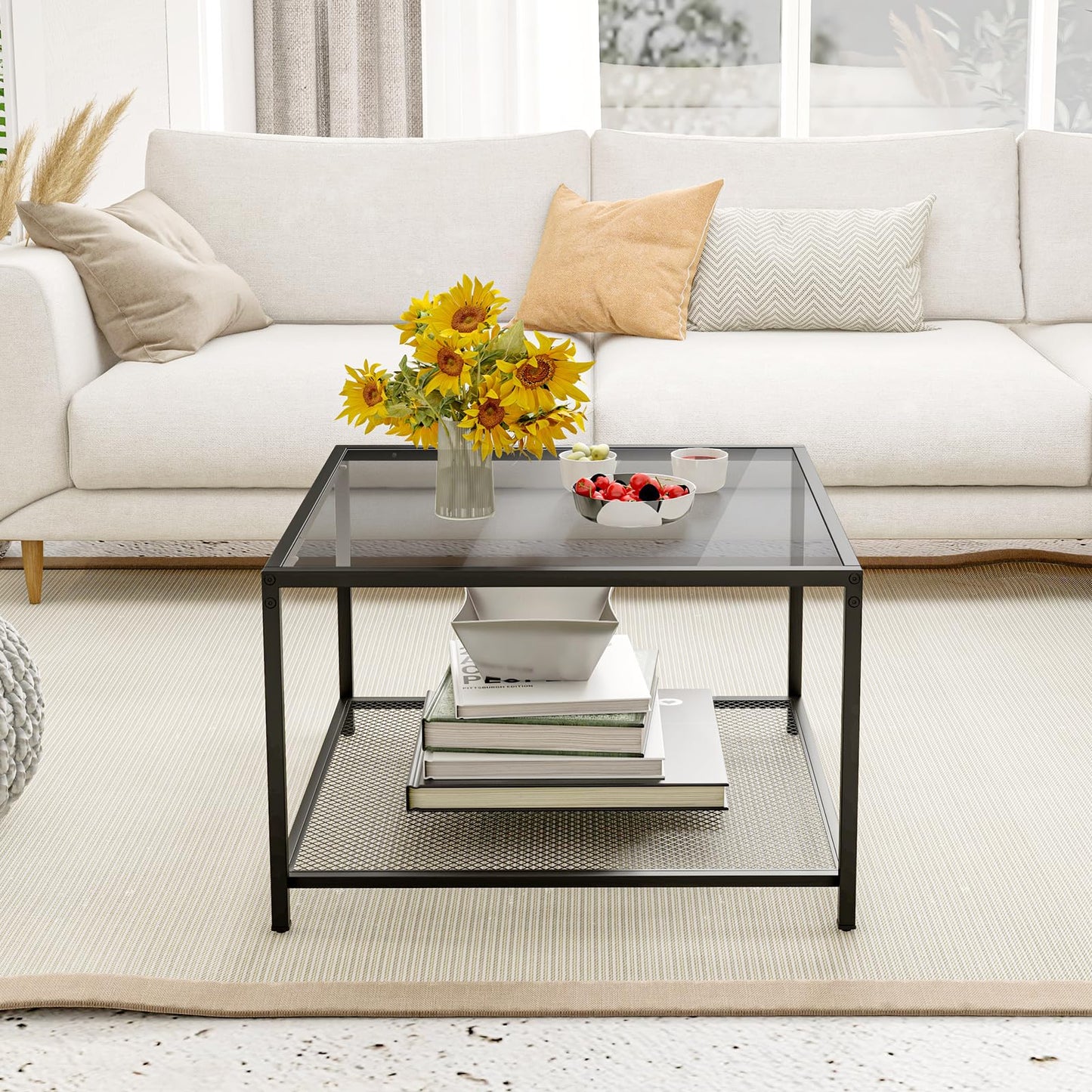 Giantex Square Coffee Table Tempered Glass Sofa Side Table with Adjustable Foot Pads ((with Mesh Shelf)