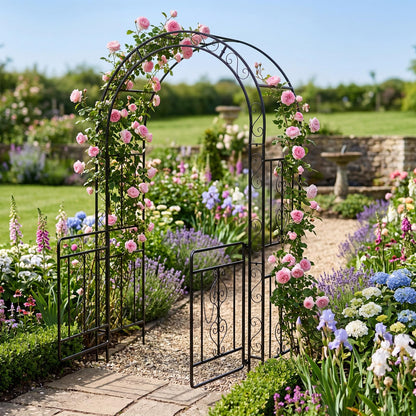 Garden Arch with Gate, Metal Pergola Arbor Trellis for Climbing Plant Rose Vines