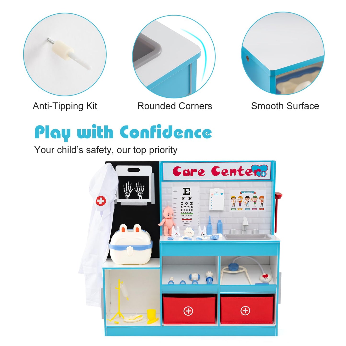 Wood Medical Center Toy Set with Examine Region and Height Measurer