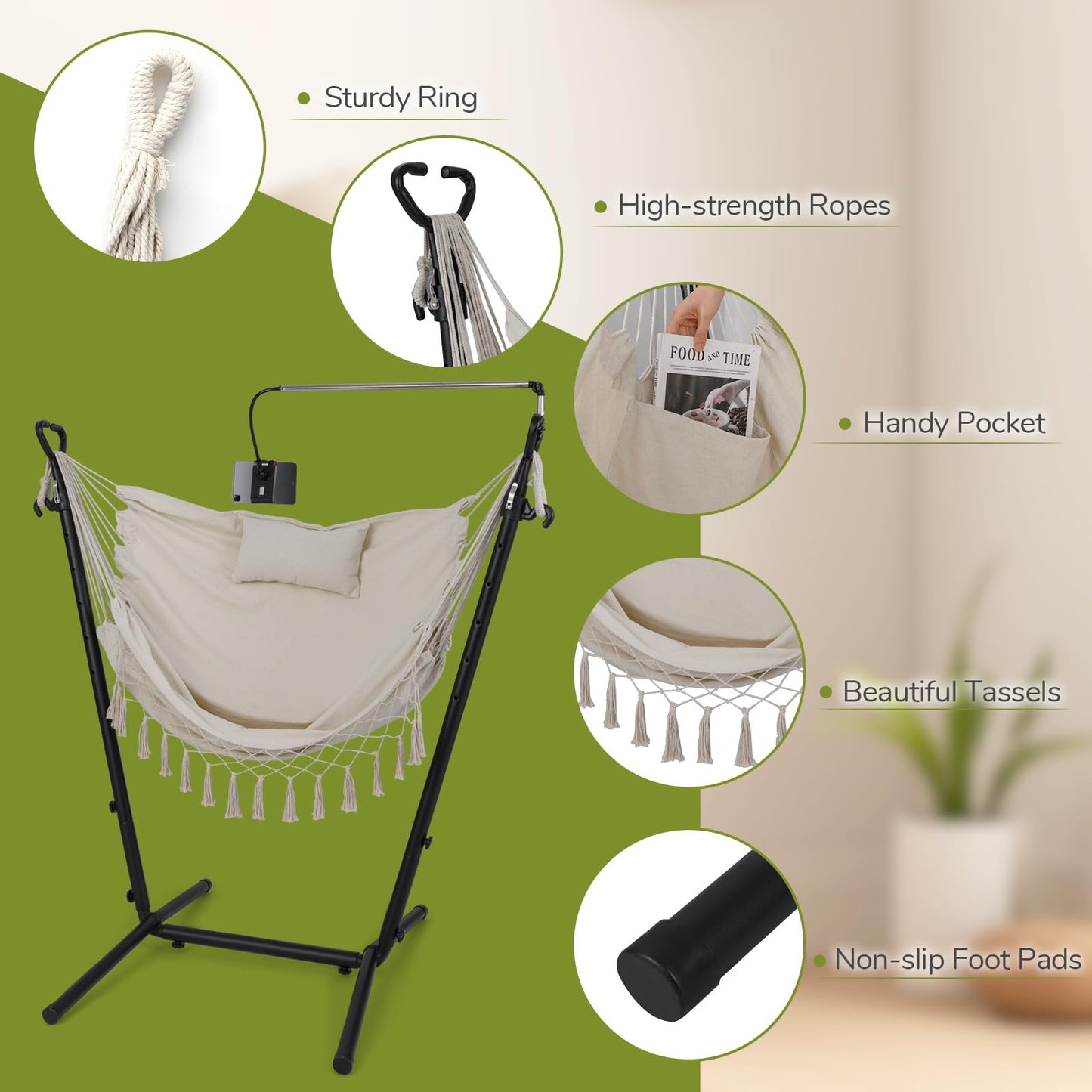Hammock Chair with Stand and Phone Holder, 6-Level Height Adjustable Patio Swing Hammock