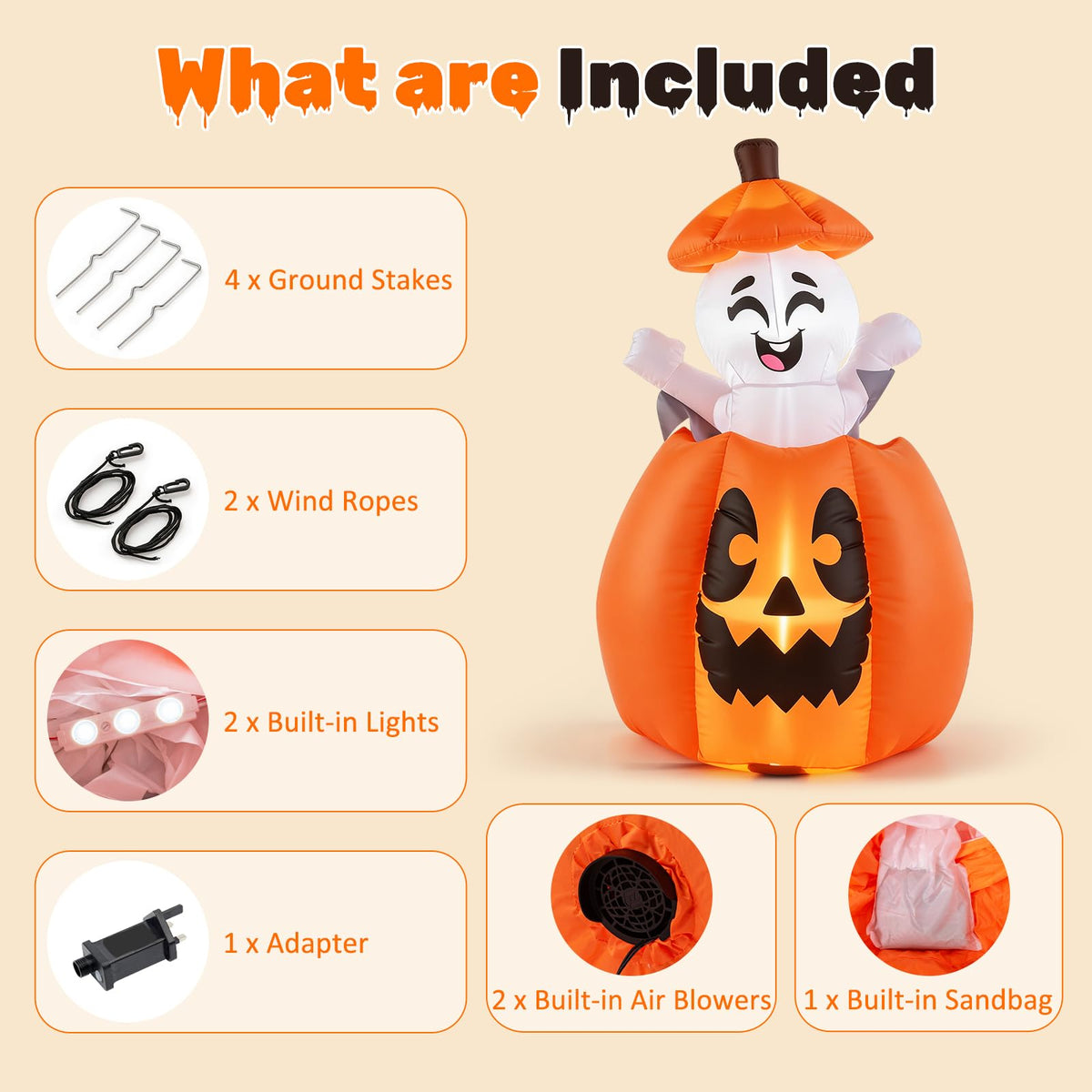 150 CM Animated Halloween Inflatable Pumpkin and Rising Ghost
