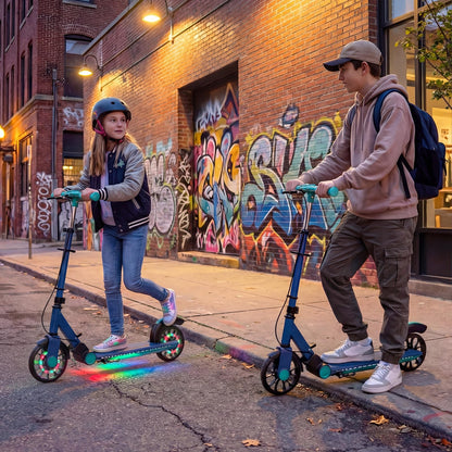 Folding Kick Scooter, 2 Flash Wheels Scooter with 3-Level Adjustable Handlebar and Rear Foot Brake