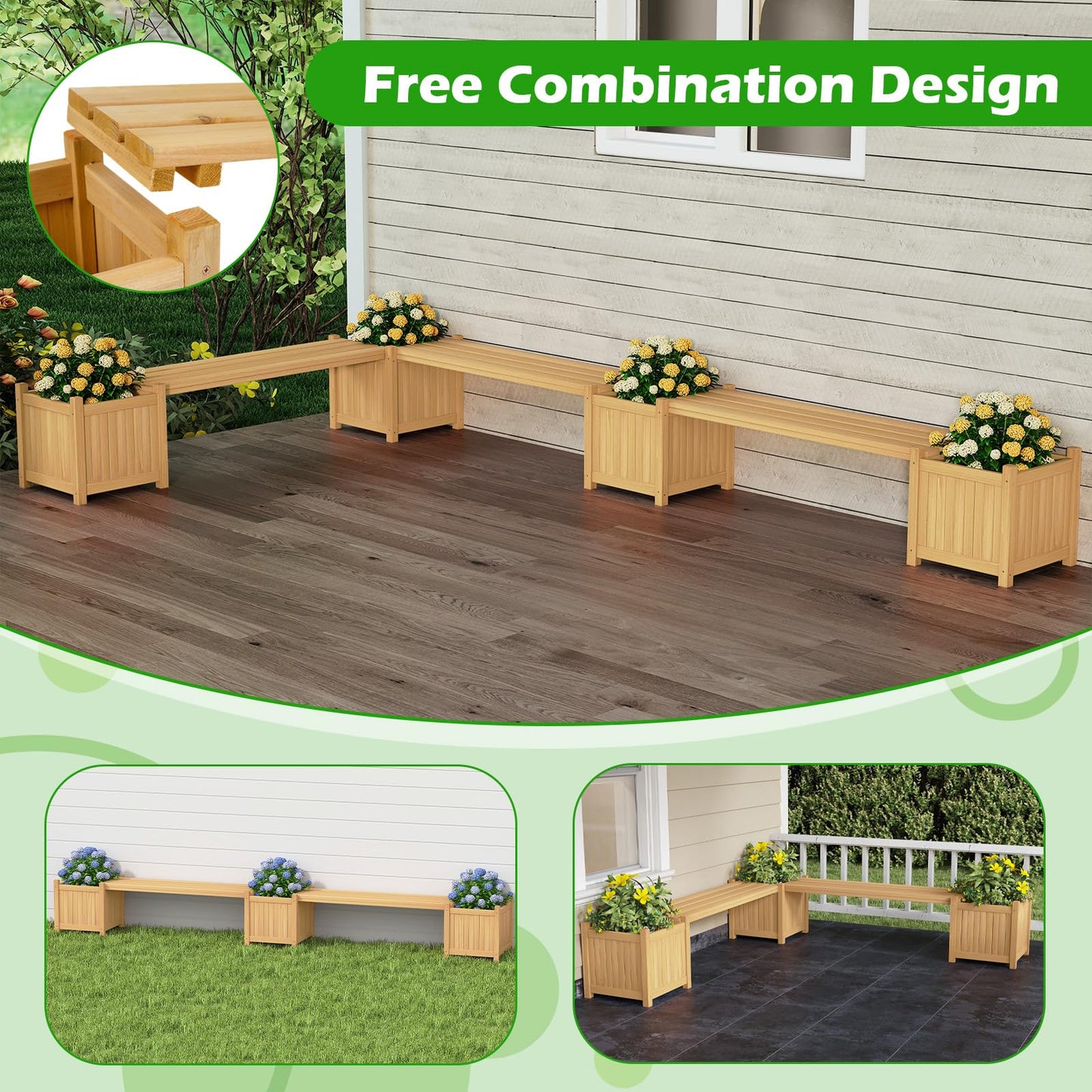 3-in-1 Wooden Planter with Bench, Raised Garden Bed with Seat and Open-ended Bottom