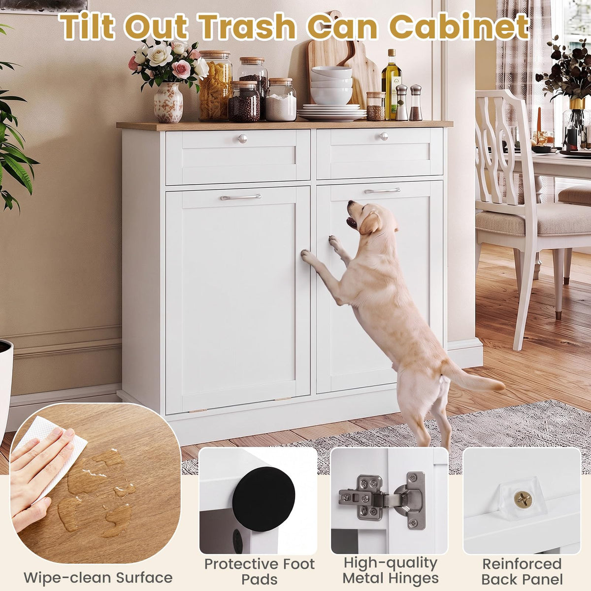 Hidden Tilt Out Trash Bin Cabinet with Shelves Wooden Storage Organizer for Kitchen