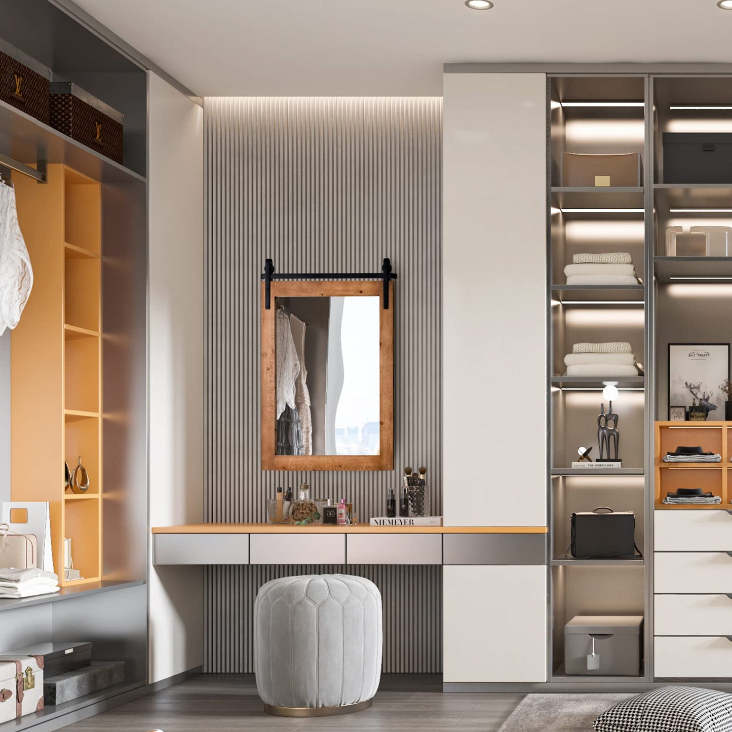 Wall Mounted Mirror with Solid Wood Frame and Metal Bracket