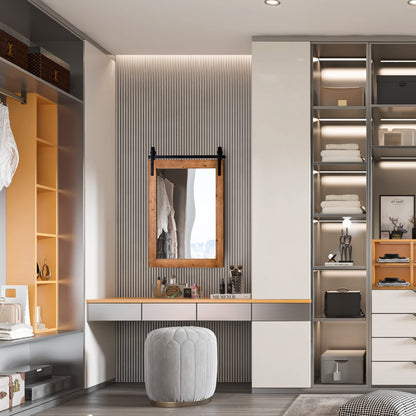 Wall Mounted Mirror with Solid Wood Frame and Metal Bracket