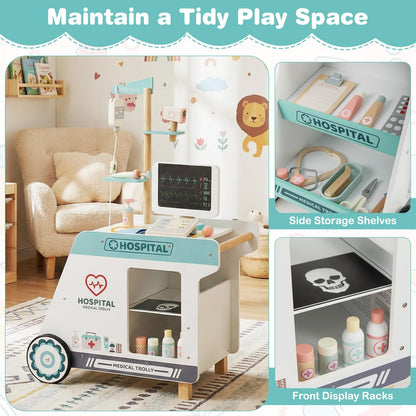 Wooden Doctor Playset, Kids Role Play Medical Station Cart