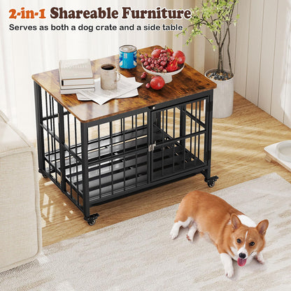 Dog Crate Furniture on Wheels, Foldable Dog Kennel Side Table with Lockable Door