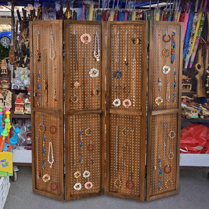 4 Panel Folding Room Divider with Pegboard Display  Wooden Wall Privacy Screen Protector