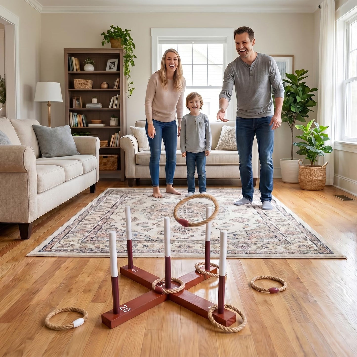 Wooden Quoits Games Set with Rope Rings, Indoor Outdoor Portable Throwing Game Toy