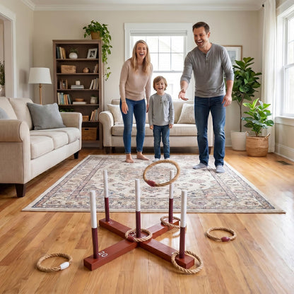 Wooden Quoits Games Set with Rope Rings, Indoor Outdoor Portable Throwing Game Toy