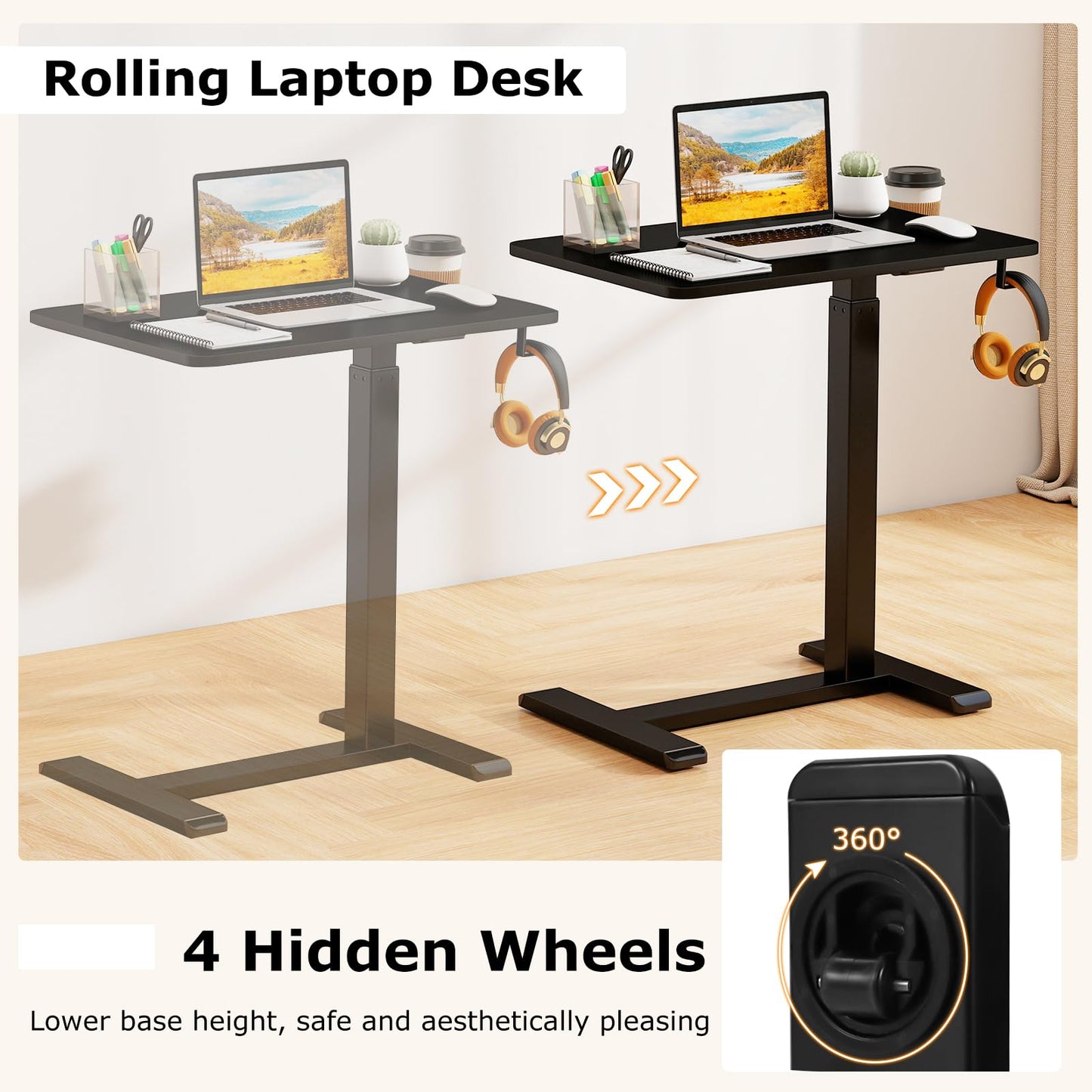 Height Adjustable Overbed Bedside Table with Cup Holder and Headphone Hook