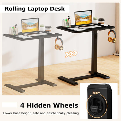 Height Adjustable Overbed Bedside Table with Cup Holder and Headphone Hook