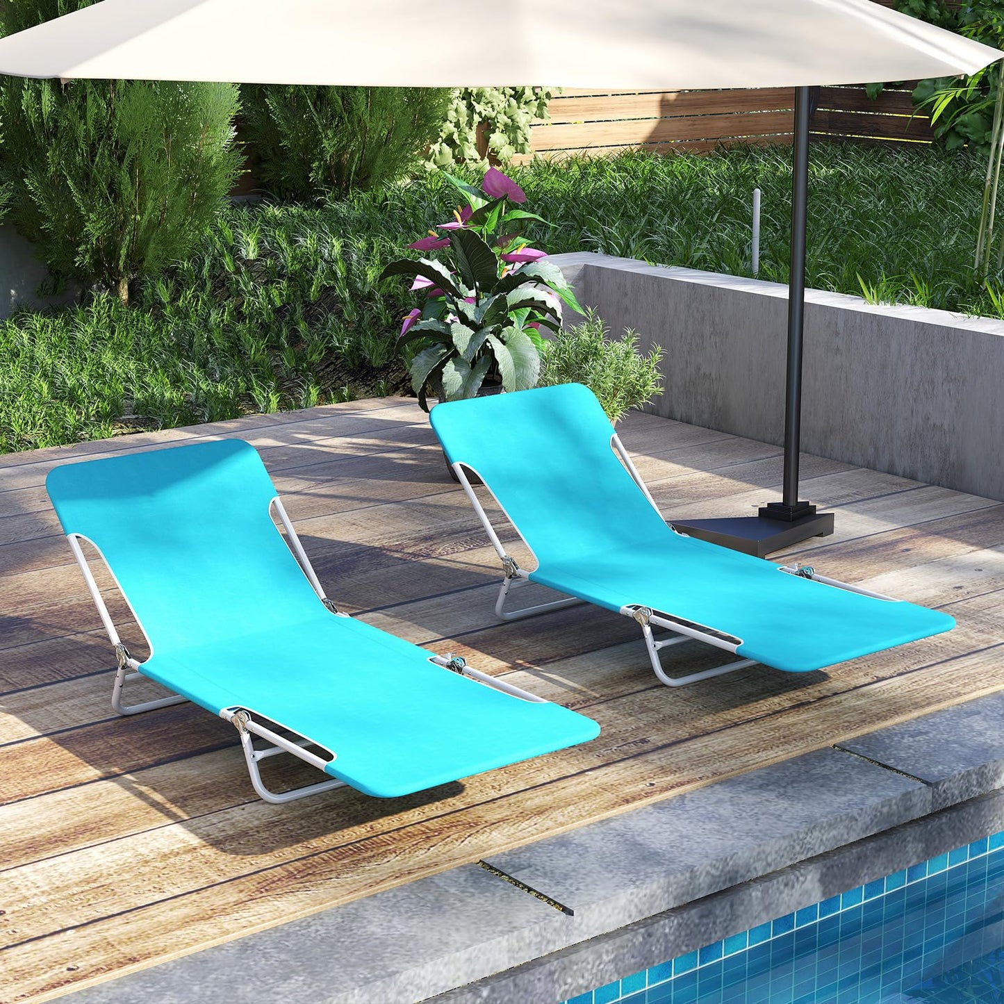 2 Pieces Outdoor Folding Chaise Lounge Portable Sun Tanning Chair Camping Cot