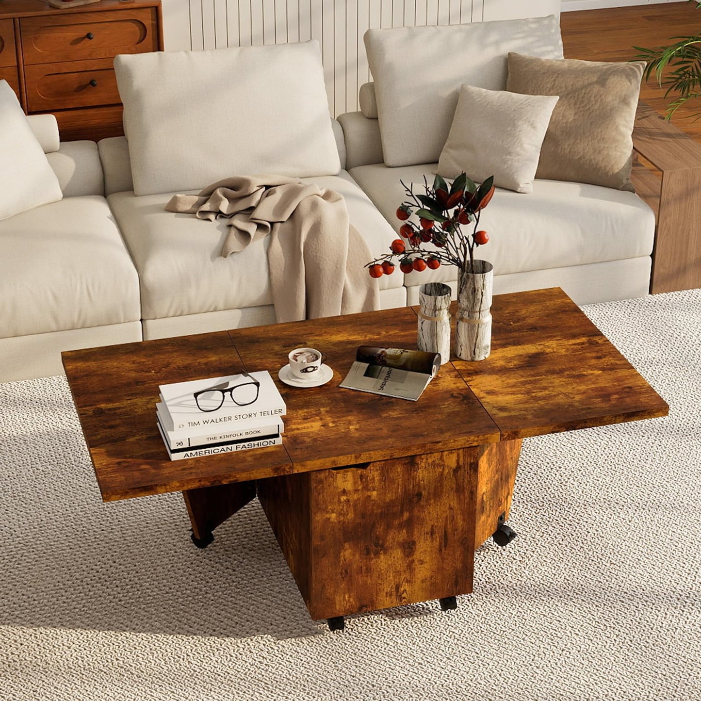 120cm Extendable and Foldable Coffee Table with Storage Cabinet and Wheels