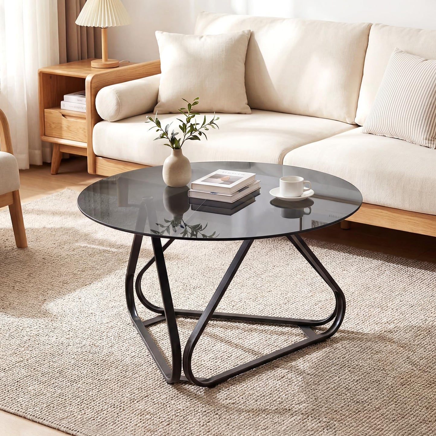Round Tempered Glass Coffee Table with Triangle Metal Frame for Living Room