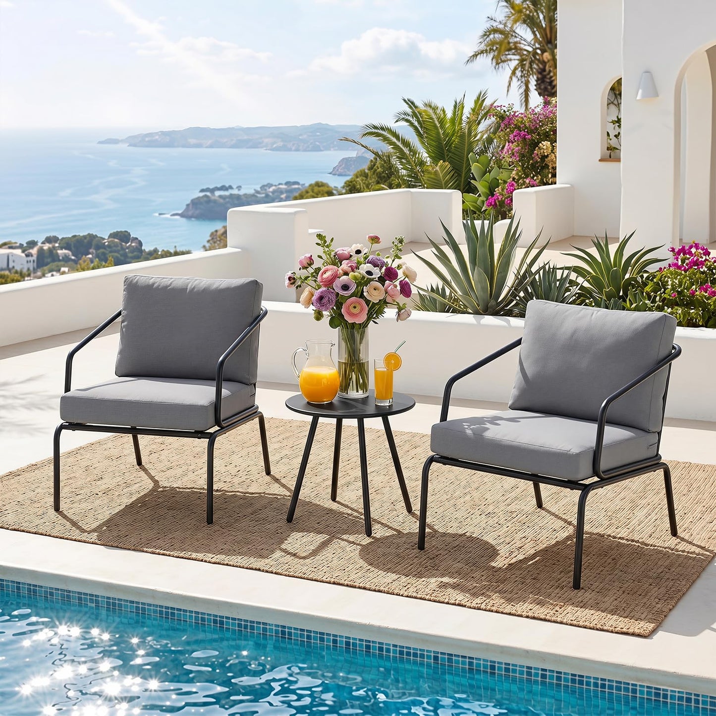 3-Piece Patio Bistro Set, Garden Furniture Set with Padded Cushions