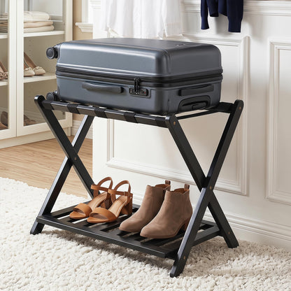 Bamboo Luggage Rack, Folding Suitcase Stand with Straps and Storage Shelf