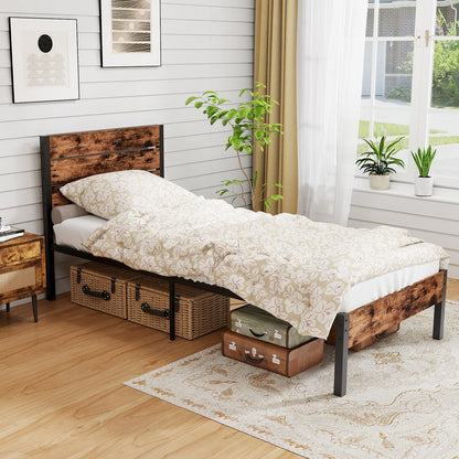 3FT Industrial Metal Platform Bed Frame with Wood Headboard & Underbed Storage