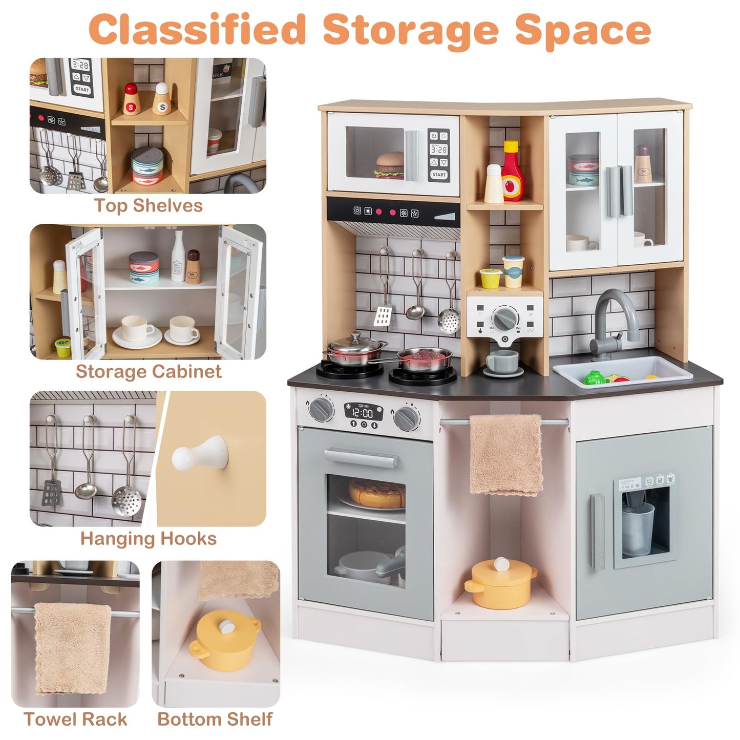 Wooden Kitchen Playset with Sound and Light for Boys Girls