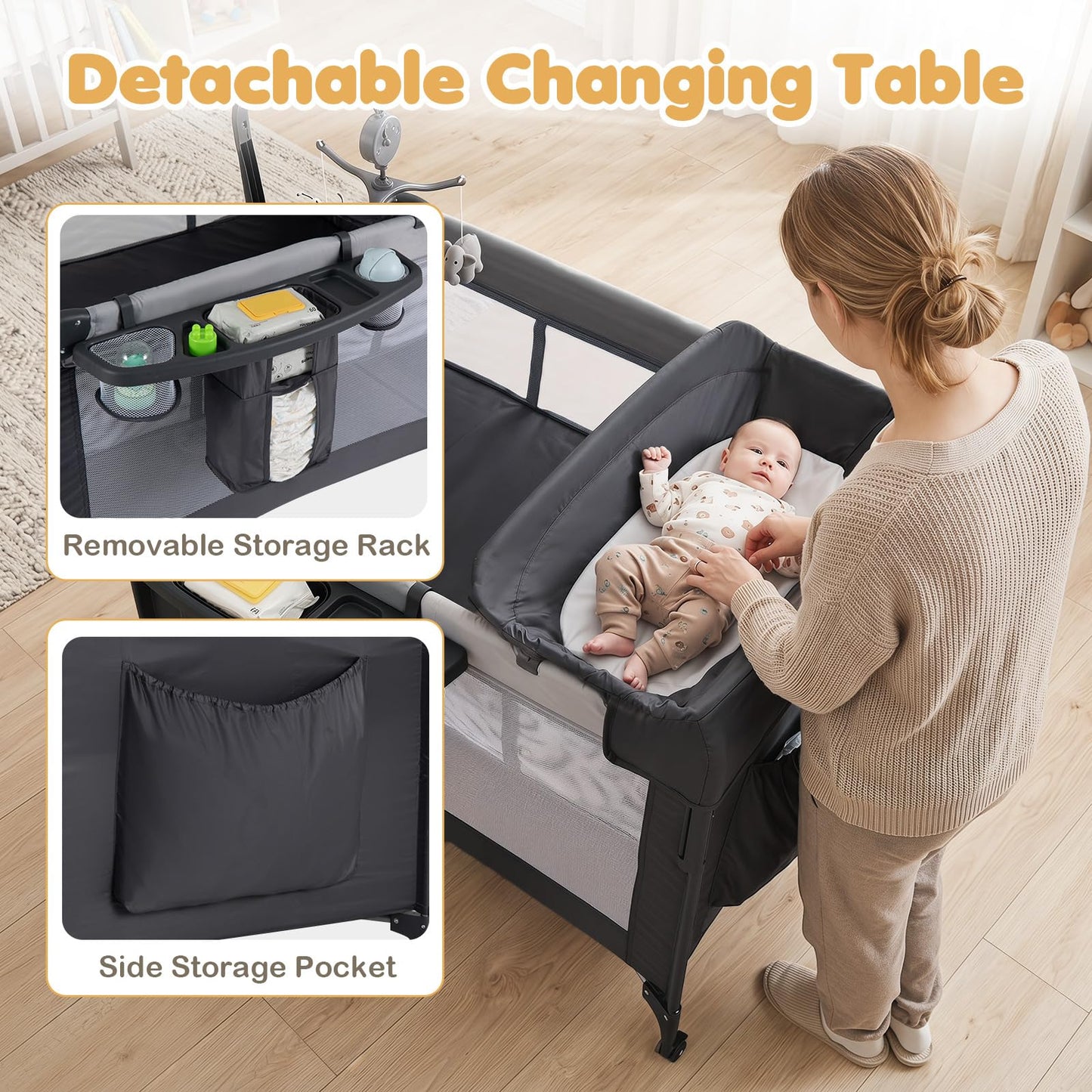 5 in 1 Baby Travel Cot, Portable Baby Crib Bassinet
