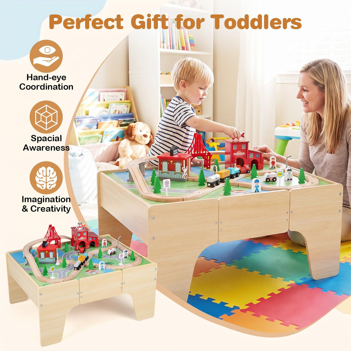 63-Piece Kids Train Table with Storage Drawer Reversible Tabletop and Train Tracks