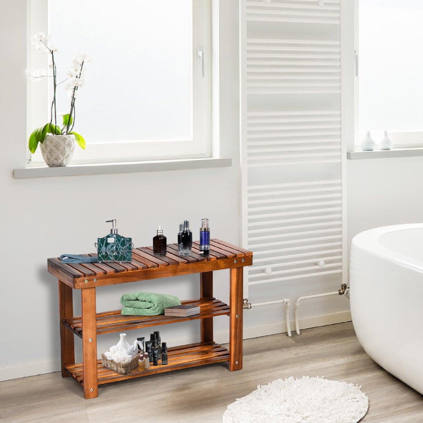 70 x 28 x 45cm Acacia Wood Shoe Shelf Stand Seat