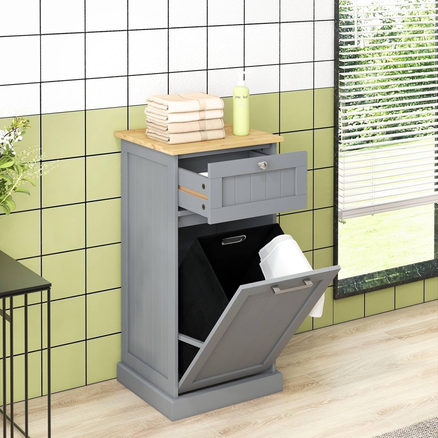 Laundry Cabinet with Basket Freestanding Tilt Out Laundry Hamper with Drawer