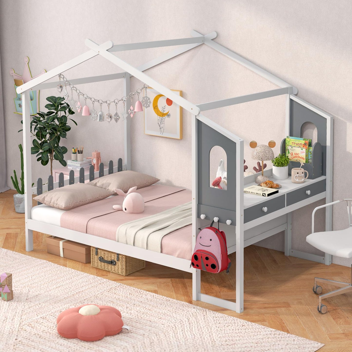 Single/Double House Bed Wood Montessori Bed Frame with Desk