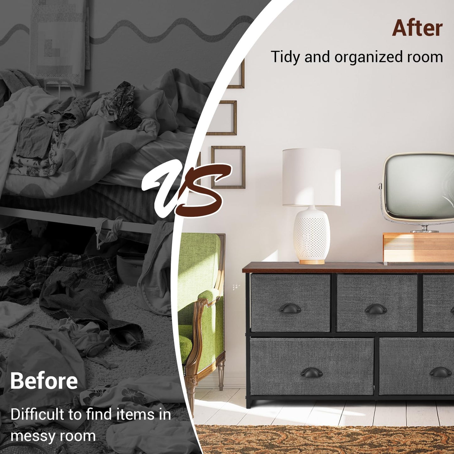 Fabric 5 Drawer Dresser Cabinet with Wooden Top