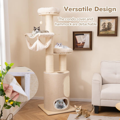 187 cm Tall Wooden Cat Tower Tree with 2-Story Cat Condo
